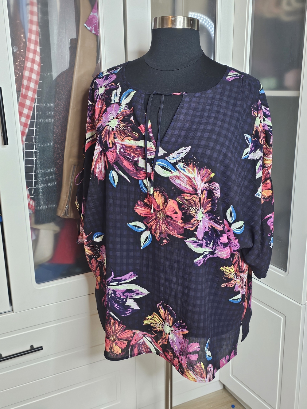 Lane Bryant Black Floral Tie-Neck Blouse with Pink & Purple Blooms